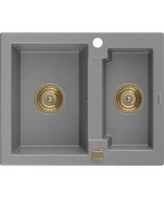 Mexen Carlos zlewozmywak granitowy 1,5-komorowy 582 x 475 mm, szary, syfon złoty - 6518581500-71-G
