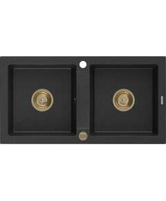 Mexen Mario zlewozmywak granitowy 2-komorowy 820 x 436 mm, czarny/srebrny metalik, syfon złoty - 6504822000-73-G