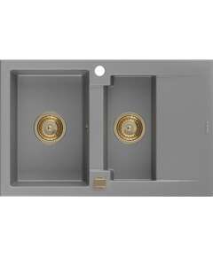 Mexen Gaspar zlewozmywak granitowy 1,5-komorowy z ociekaczem 737 x 475 mm, szary, syfon złoty - 6507731505-71-G