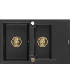 Mexen Gaspar zlewozmywak granitowy 1,5-komorowy z ociekaczem 737 x 475 mm, czarny/srebrny metalik, syfon złoty - 6507731505-73-G