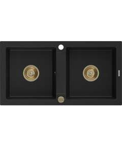 Mexen Mario zlewozmywak granitowy 2-komorowy 820 x 436 mm, czarny, syfon złoty - 6504822000-77-G