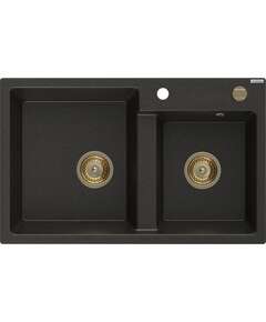 Mexen Tomas zlewozmywak granitowy 2-komorowy 800 x 500 mm, czarny/złoty metalik, syfon złoty - 6516802000-75-G
