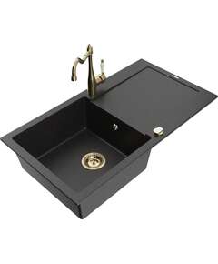Mexen Leo zlewozmywak granitowy 1-komorowy z ociekaczem i baterią kuchenną Carla, czarny/srebrny metalik - 6501-73-670700-50