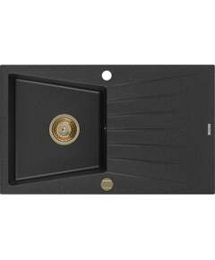 Mexen Cesar zlewozmywak granitowy 1-komorowy z ociekaczem 775 x 470 mm, czarny/srebrny metalik, syfon złoty - 6514771010-73-G