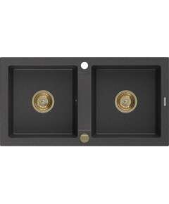 Mexen Mario zlewozmywak granitowy 2-komorowy 820 x 436 mm, czarny nakrapiany, syfon złoty - 6504822000-76-G