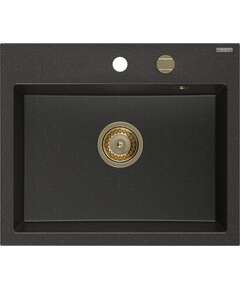 Mexen Oscar zlewozmywak granitowy 1-komorowy 580 x 490 mm, czarny/złoty metalik, syfon złoty - 6519581000-75-G