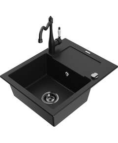 Mexen Enzo zlewozmywak granitowy 1-komorowy z ociekaczem i baterią kuchenną Carla, czarny - 6506-77-670700-70-B