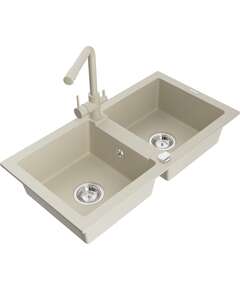 Mexen Mario zlewozmywak granitowy 2-komorowy z baterią kuchenną Duero, beżowy - 6504-69-671600-69
