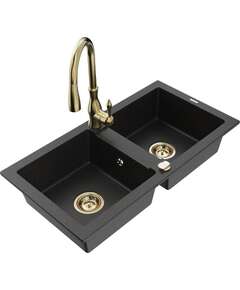 Mexen Mario zlewozmywak granitowy 2-komorowy z baterią kuchenną Savita, czarny/srebrny metalik - 6504-73-672601-50
