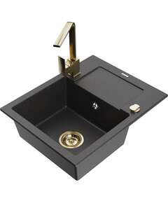 Mexen Enzo zlewozmywak granitowy 1-komorowy z ociekaczem i baterią kuchenną Rita, czarny nakrapiany - 6506-76-670300-50