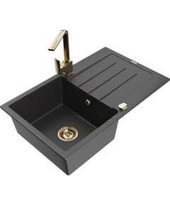 Mexen Bruno zlewozmywak granitowy 1-komorowy z ociekaczem i baterią kuchenną Rita, czarny nakrapiany - 6513-76-670300-50
