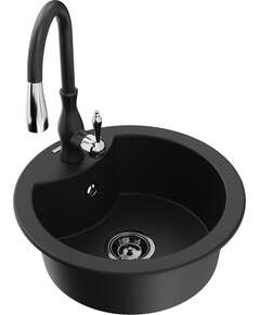 Mexen Diego zlewozmywak granitowy 1-komorowy z baterią kuchenną Savita, czarny - 6512-77-672601-70-B