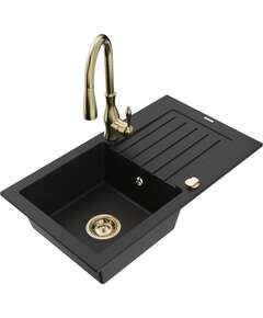Mexen Pablo zlewozmywak granitowy 1-komorowy z ociekaczem i baterią kuchenną Savita, czarny - 6510-77-672601-50
