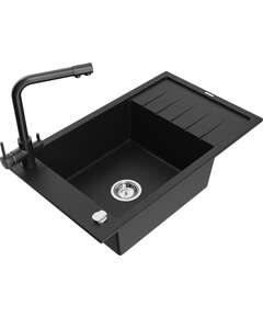 Mexen Elias zlewozmywak granitowy 1-komorowy z ociekaczem i baterią kuchenną Duero, czarny - 6511-77-671600-70