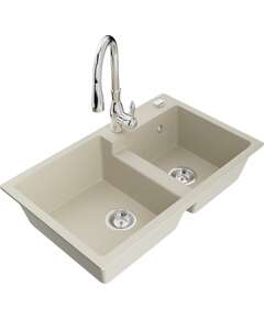 Mexen Tomas zlewozmywak granitowy 2-komorowy z baterią kuchenną Savita, beżowy - 6516-69-672601-00