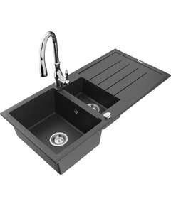 Mexen Andres zlewozmywak granitowy 1,5-komorowy z ociekaczem i baterią kuchenną Savita, czarny nakrapiany - 6515-76-672601-00