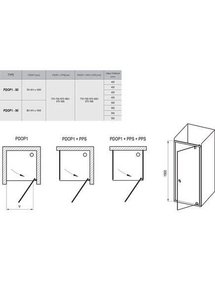 Shower door PDOP1-90 white+glass Transparent, Цвет: Balts + hrom, Ширина: 90, изображение 2
