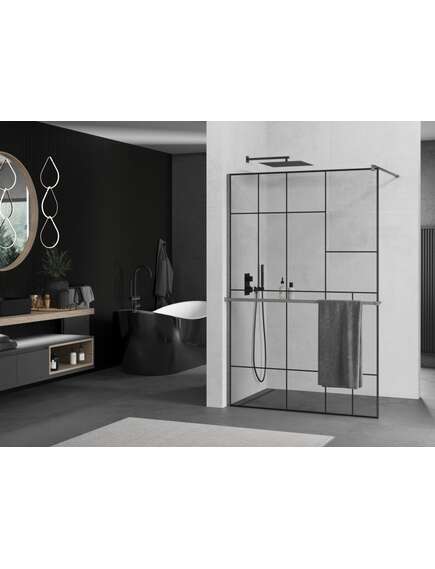 Mexen Kioto+ ścianka prysznicowa z półką Walk-in 90 x 200 cm, czarny wzór, gun gray szczotkowany - 800-090-121-66-78, изображение 2
