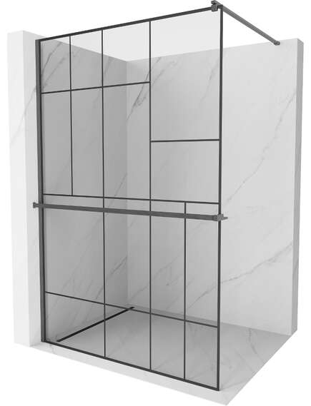 Mexen Kioto+ ścianka prysznicowa z półką Walk-in 90 x 200 cm, czarny wzór, gun gray szczotkowany - 800-090-121-66-78