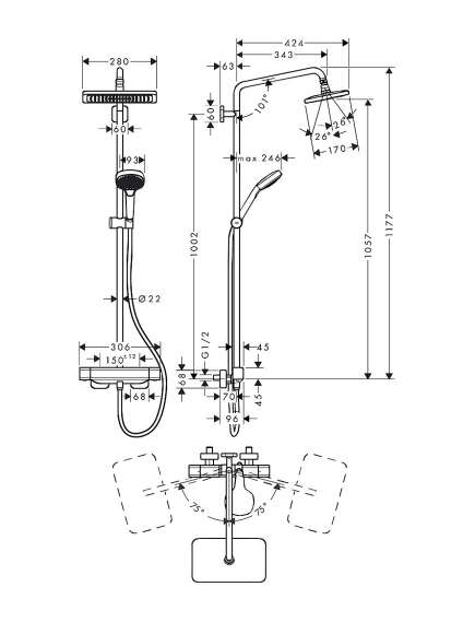 Hansgrohe Croma E 280 1jet dušas sistēma ar termostatu, hroms - gab., 2 image