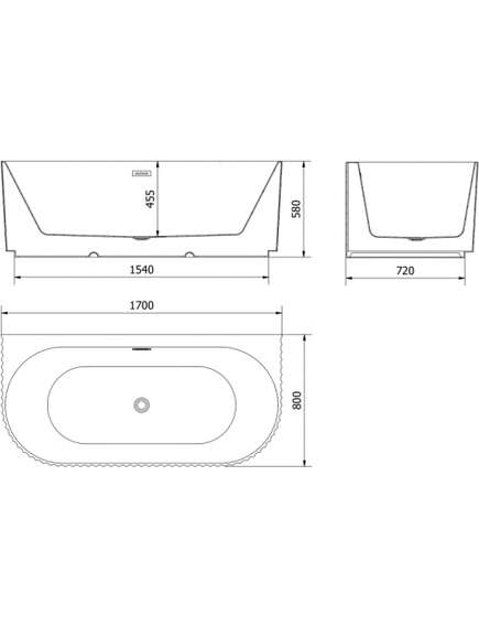 Mexen Sella wanna wolnostojąca przyścienna ryflowana 170 x 80 cm, biała mat, przelew gun metal - 52711708001-95, изображение 3