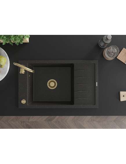 Mexen Elias zlewozmywak granitowy 1-komorowy z ociekaczem 795 x 480 mm, czarny/złoty metalik, syfon złoty - 6511791005-75-G, 4 image