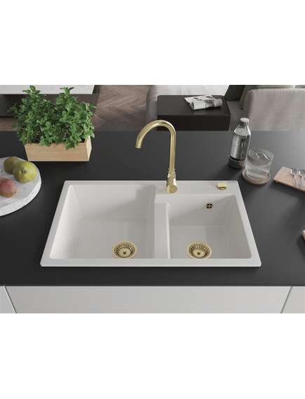 Mexen Tomas zlewozmywak granitowy 2-komorowy 800 x 500 mm, biały, syfon złoty - 6516802000-20-G, изображение 3