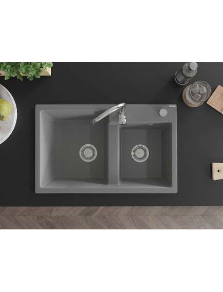 Mexen Tomas zlewozmywak granitowy 2-komorowy 800 x 500 mm, szary, syfon chrom - 6516802000-71, изображение 4