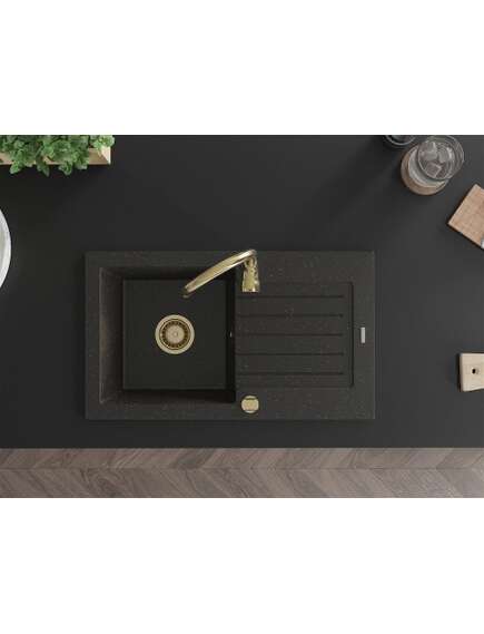 Mexen Pablo zlewozmywak granitowy 1-komorowy z ociekaczem 752 x 436 mm, czarny/złoty metalik, syfon złoty - 6510751010-75-G, 4 image