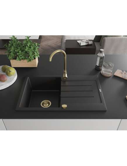 Mexen Bruno zlewozmywak granitowy 1-komorowy z ociekaczem 795 x 495 mm, czarny, syfon złoty - 6513791010-77-G, изображение 3