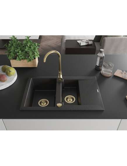 Mexen Gaspar zlewozmywak granitowy 1,5-komorowy z ociekaczem 737 x 475 mm, czarny/srebrny metalik, syfon złoty - 6507731505-73-G, 3 image