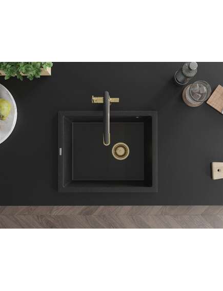 Mexen Pedro zlewozmywak granitowy 1-komorowy 560 x 460 mm, czarny/srebrny metalik, syfon złoty - 6508561000-73-G, изображение 4