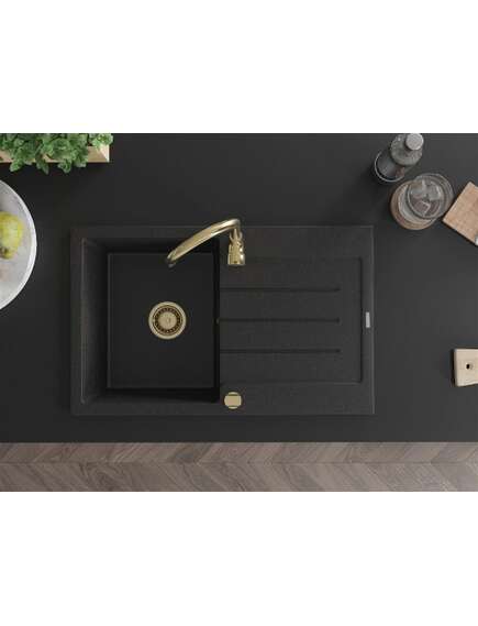 Mexen Bruno zlewozmywak granitowy 1-komorowy z ociekaczem 795 x 495 mm, czarny/srebrny metalik, syfon złoty - 6513791010-73-G, изображение 4