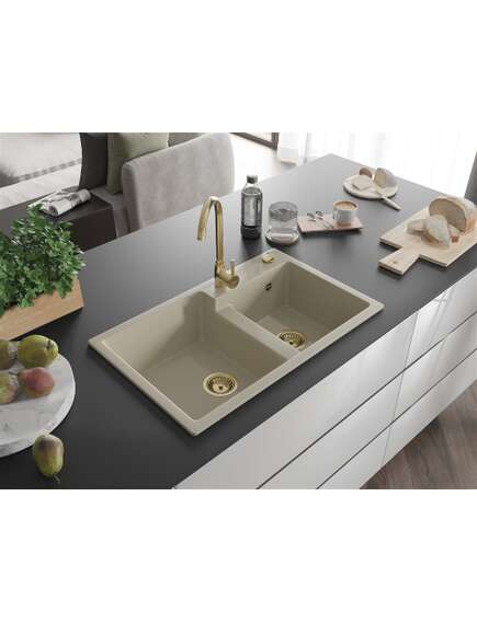 Mexen Tomas zlewozmywak granitowy 2-komorowy 800 x 500 mm, beżowy, syfon złoty - 6516802000-69-G, изображение 2