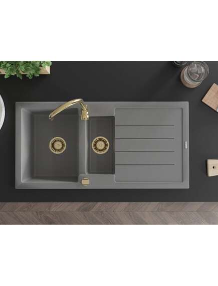 Mexen Andres zlewozmywak granitowy 1,5-komorowy z ociekaczem 1000 x 500 mm, szary, syfon złoty - 6515101510-71-G, изображение 4
