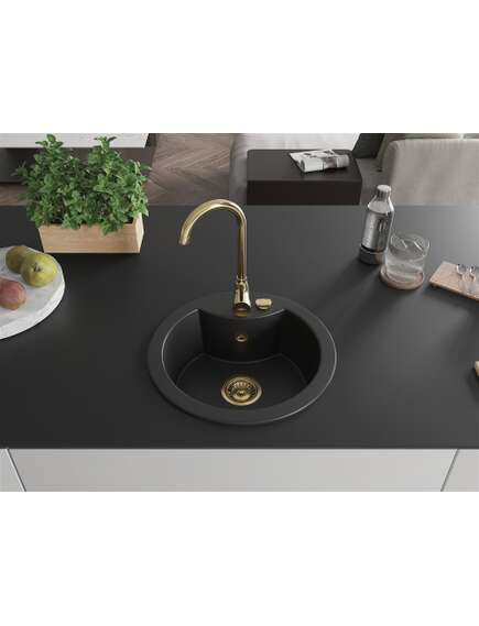 Mexen Diego zlewozmywak granitowy 1-komorowy 488 x 480 mm, czarny, syfon złoty - 6512481000-77-G, изображение 3