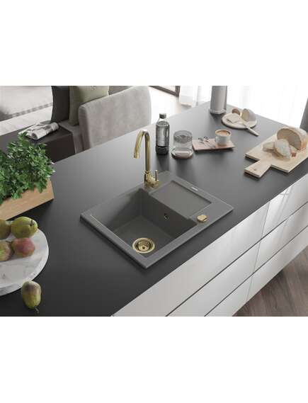 Mexen Enzo zlewozmywak granitowy 1-komorowy z ociekaczem 576 x 465 mm, szary, syfon złoty - 6506571005-71-G, изображение 2