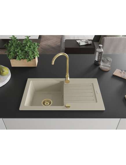 Mexen Pablo zlewozmywak granitowy 1-komorowy z ociekaczem 752 x 436 mm, beżowy, syfon złoty - 6510751010-69-G, изображение 3