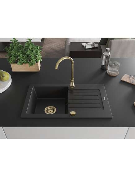 Mexen Pablo zlewozmywak granitowy 1-komorowy z ociekaczem 752 x 436 mm, czarny, syfon złoty - 6510751010-77-G, 3 image