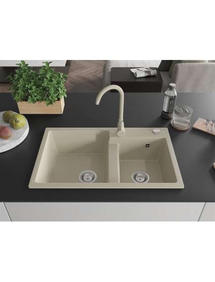 Mexen Tomas zlewozmywak granitowy 2-komorowy 800 x 500 mm, beżowy, syfon chrom - 6516802000-69, изображение 3