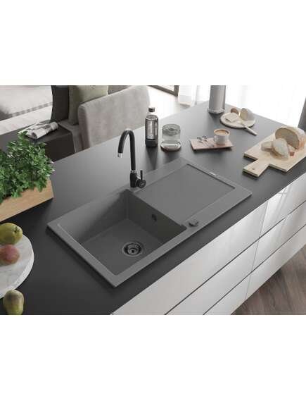 Mexen Leo zlewozmywak granitowy 1-komorowy z ociekaczem 900 x 500 mm, szary, syfon czarny - 6501901010-71-B, изображение 2