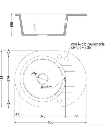 Mexen Kevin zlewozmywak granitowy 1-komorowy z ociekaczem 586 x 458 mm, czarny/złoty metalik, syfon złoty - 6517581005-75-G, изображение 5