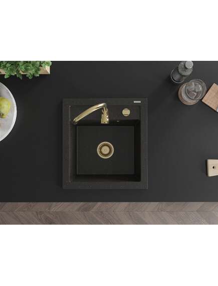 Mexen Vito zlewozmywak granitowy 1-komorowy 520 x 490 mm, czarny/złoty metalik, syfon złoty - 6503521000-75-G, 5 image