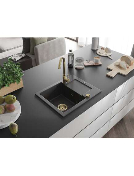Mexen Enzo zlewozmywak granitowy 1-komorowy z ociekaczem 576 x 465 mm, czarny nakrapiany, syfon złoty - 6506571005-76-G, 2 image