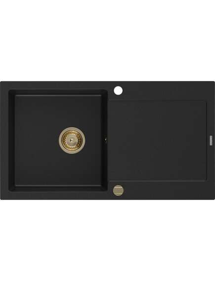 Mexen Leo zlewozmywak granitowy 1-komorowy z ociekaczem 900 x 500 mm, czarny, syfon złoty - 6501901010-77-G