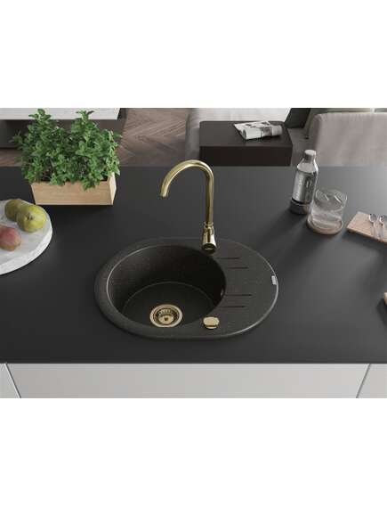 Mexen Kevin zlewozmywak granitowy 1-komorowy z ociekaczem 586 x 458 mm, czarny/złoty metalik, syfon złoty - 6517581005-75-G, изображение 3