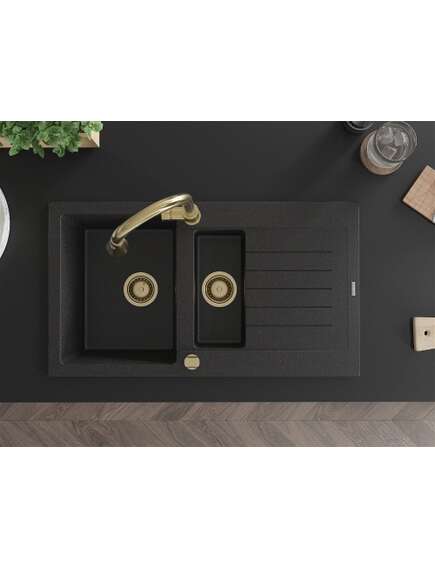 Mexen Matias zlewozmywak granitowy 1,5-komorowy z ociekaczem 900 x 505 mm, czarny/srebrny metalik, syfon złoty - 6502901505-73-G, изображение 4