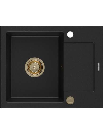 Mexen Enzo zlewozmywak granitowy 1-komorowy z ociekaczem 576 x 465 mm, czarny, syfon złoty - 6506571005-77-G