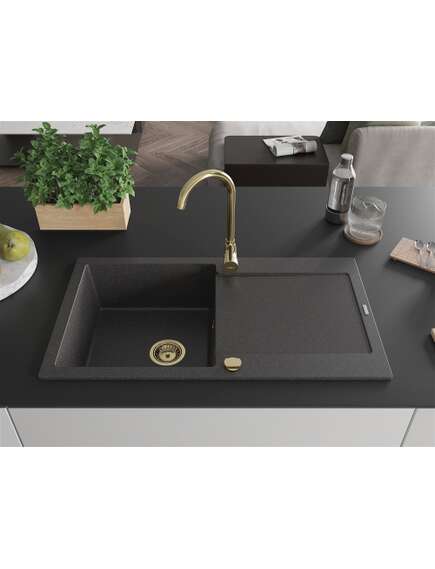 Mexen Leo zlewozmywak granitowy 1-komorowy z ociekaczem 900 x 500 mm, czarny nakrapiany, syfon złoty - 6501901010-76-G, изображение 3