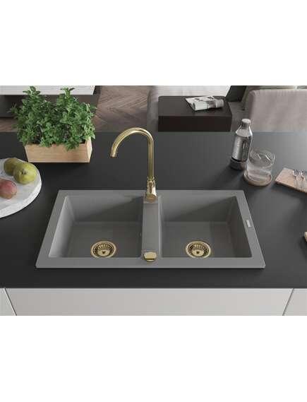 Mexen Mario zlewozmywak granitowy 2-komorowy 820 x 436 mm, szary, syfon złoty - 6504822000-71-G, 3 image
